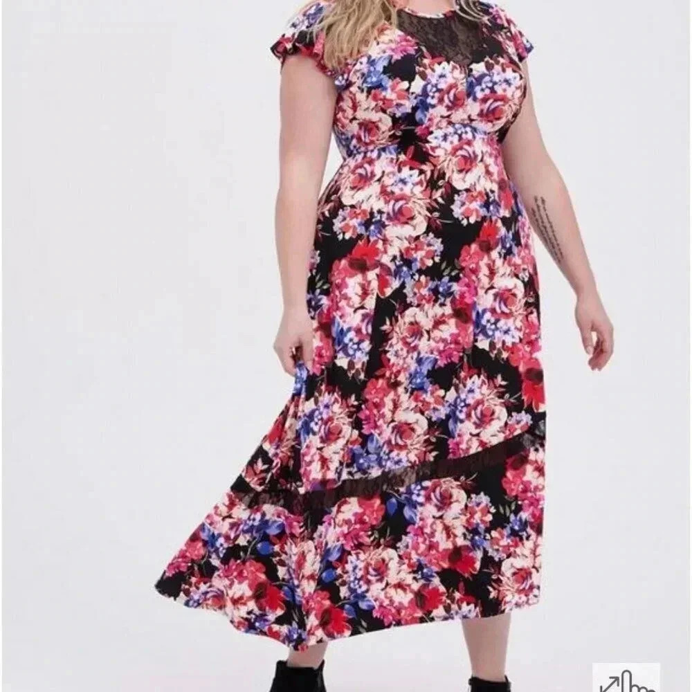 Torrid Midi Studio Knit Asymmetrical Size 3 Dress Floral Vibrant Lace Romantic F